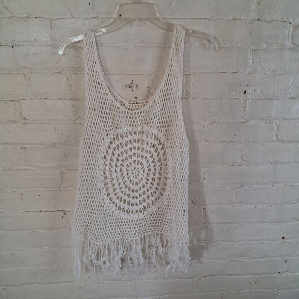 Hippie Laundry Womens L Cream Crocheted Knitted Fringe Tank Boho Beach Macrame